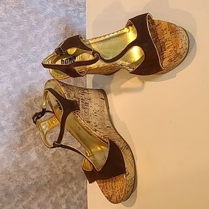 Cork and brown suede wedges